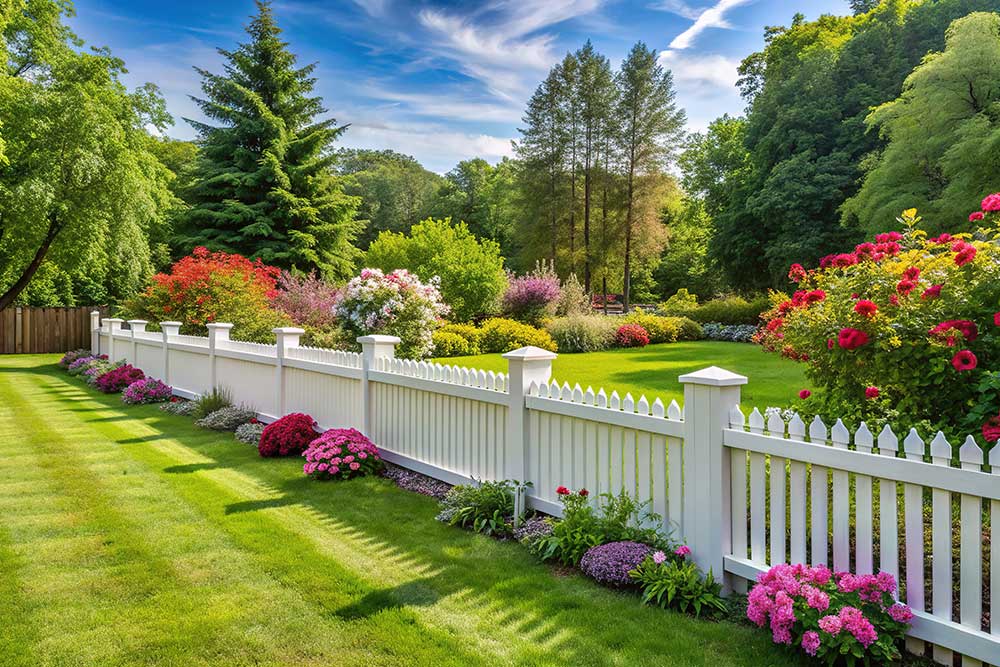 A weathered white vinyl fence surrounds a lush green lawn