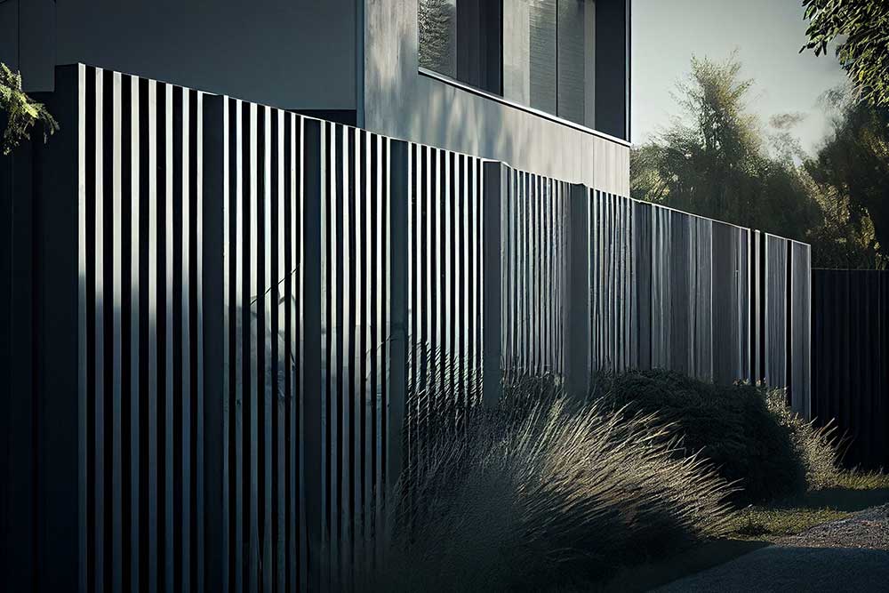 high grey fence modern barrier aluminum slats suburb house protection view home.