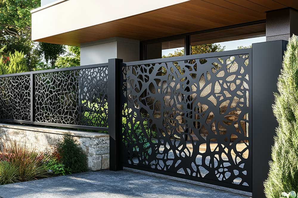 Modern metal fence with intricate pattern