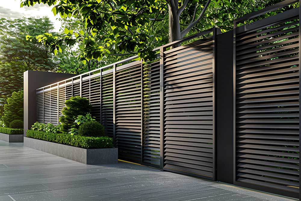 Modern metal fence with shutters blinds