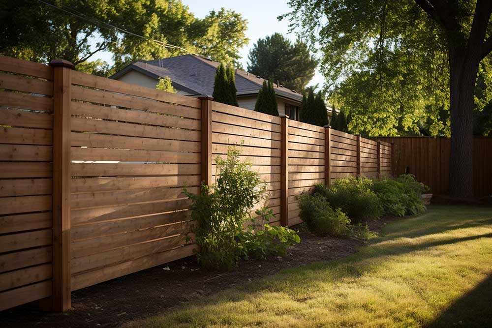 Wooden fence in the backyard and lawn.