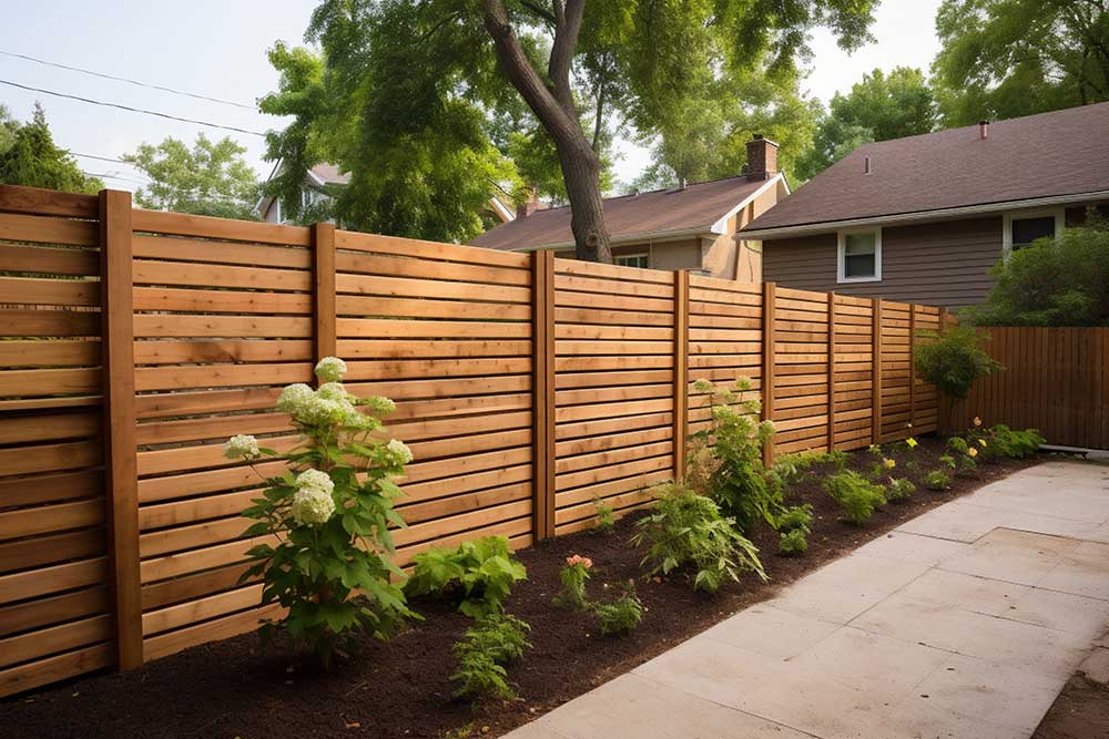 Wooden fence in the backyard and lawn