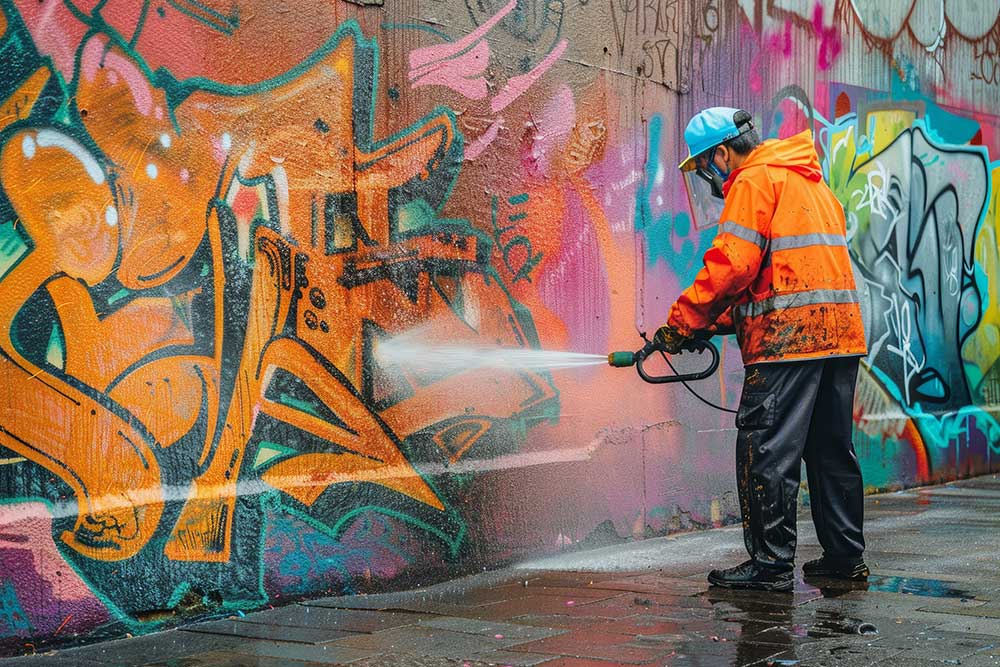 Worker in high visibility jacket using a pressure washer to clean graffiti from an urban wall